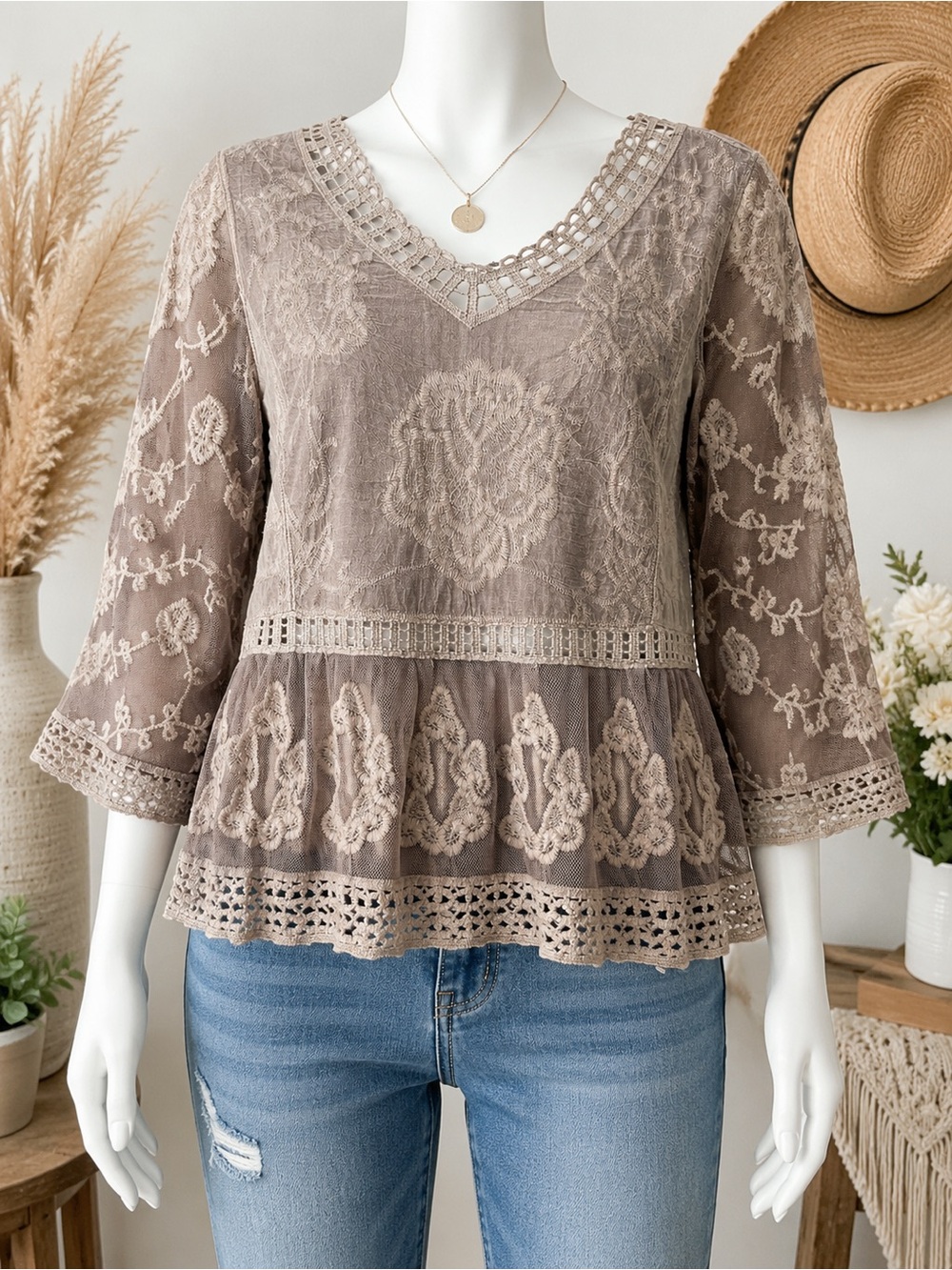 Embroidered Boho Peplum Top S Taupe Lace Mesh Cottagecore